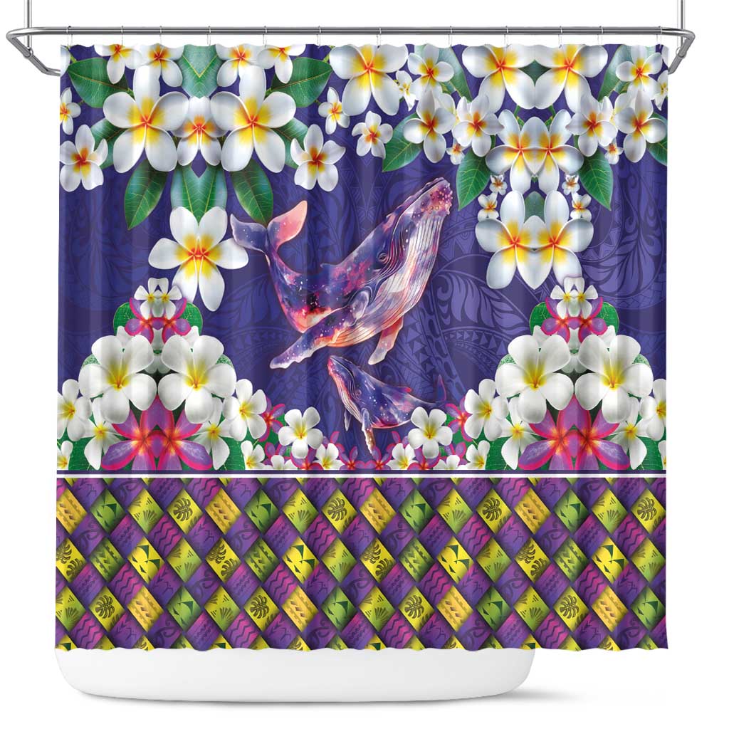 Hawaiian Plumeria and Humpback Whales Shower Curtain Polynerian Art Tattoo-Navy Color LT03 Navy - Polynesian Pride