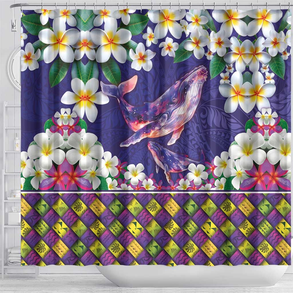 Hawaiian Plumeria and Humpback Whales Shower Curtain Polynerian Art Tattoo-Navy Color