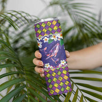 Hawaiian Plumeria and Humpback Whales Skinny Tumbler Polynerian Art Tattoo-Navy Color