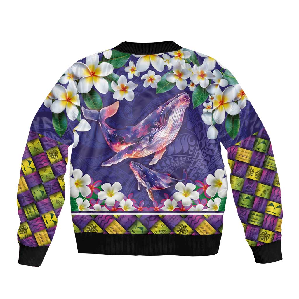 Hawaiian Plumeria and Humpback Whales Sleeve Zip Bomber Jacket Polynerian Art Tattoo-Navy Color LT03 - Polynesian Pride