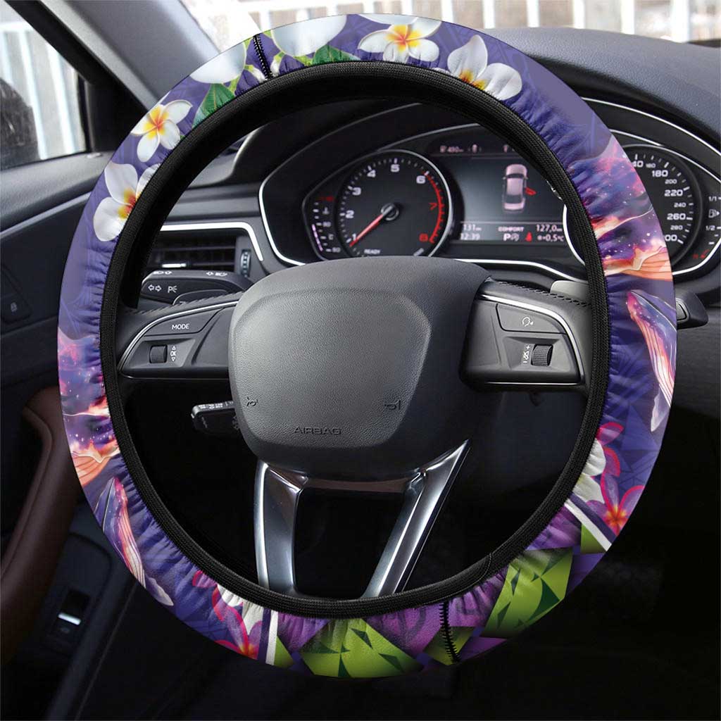 Hawaiian Plumeria and Humpback Whales Steering Wheel Cover Polynerian Art Tattoo-Navy Color