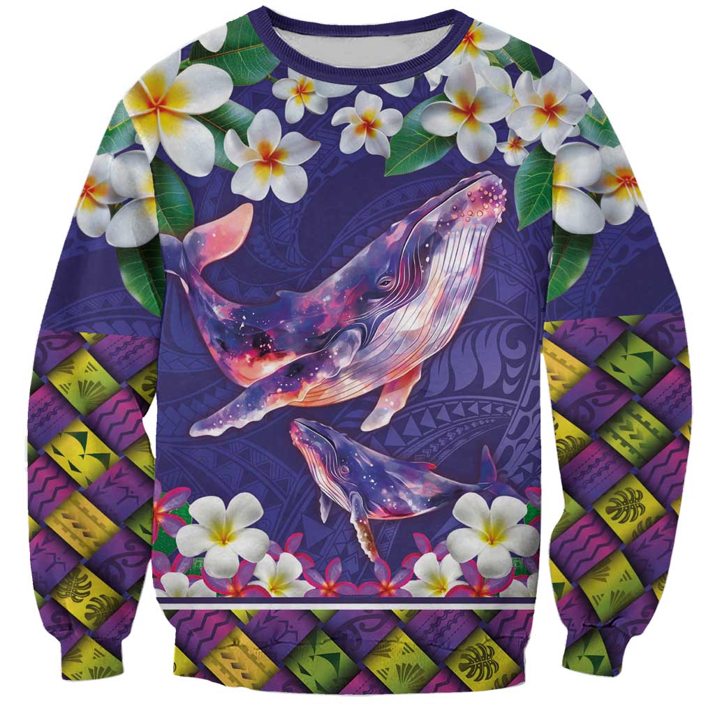 Hawaiian Plumeria and Humpback Whales Sweatshirt Polynerian Art Tattoo-Navy Color