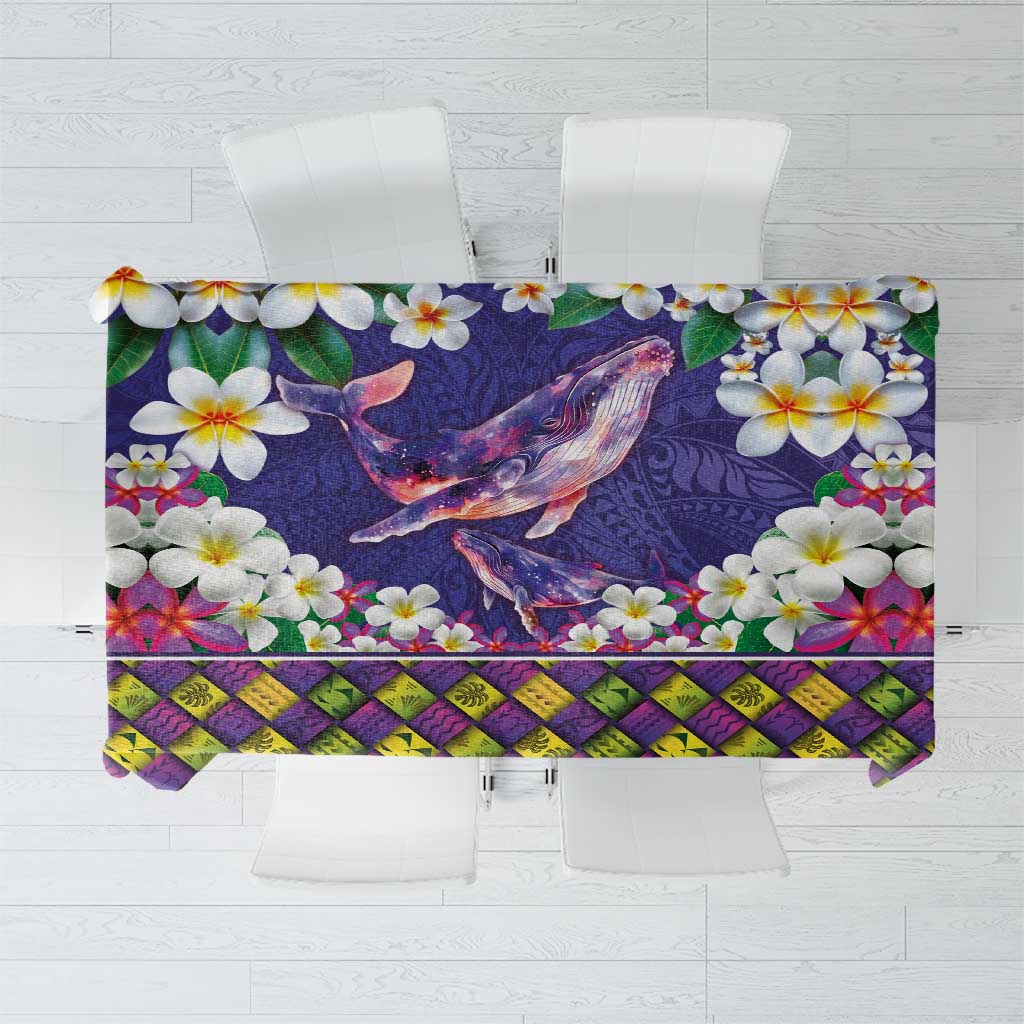 Hawaiian Plumeria and Humpback Whales Tablecloth Polynerian Art Tattoo-Navy Color