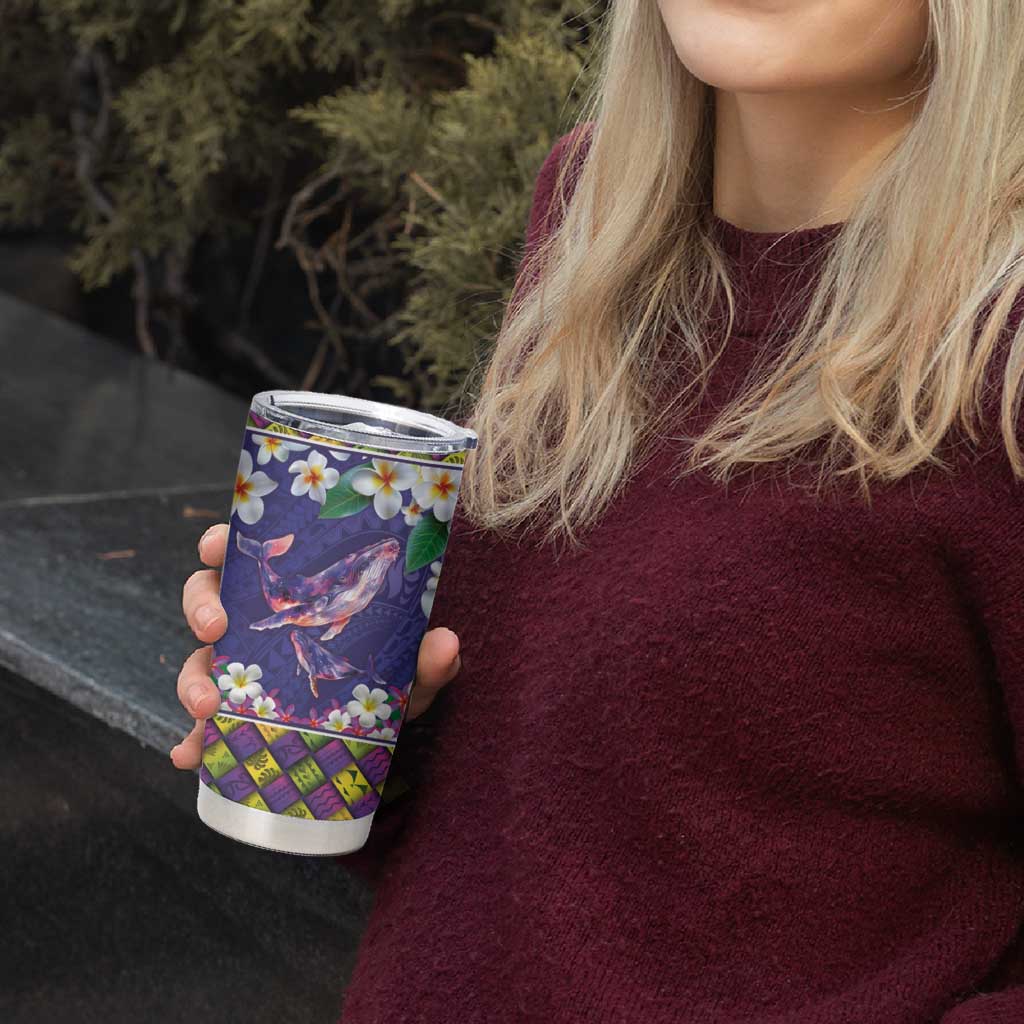 Hawaiian Plumeria and Humpback Whales Tumbler Cup Polynerian Art Tattoo-Navy Color