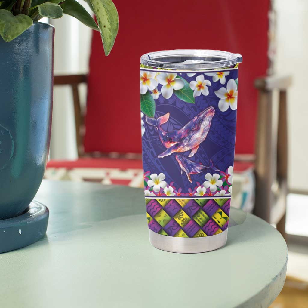 Hawaiian Plumeria and Humpback Whales Tumbler Cup Polynerian Art Tattoo-Navy Color