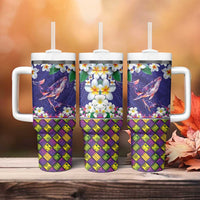 Hawaiian Plumeria and Humpback Whales Tumbler With Handle Polynerian Art Tattoo-Navy Color