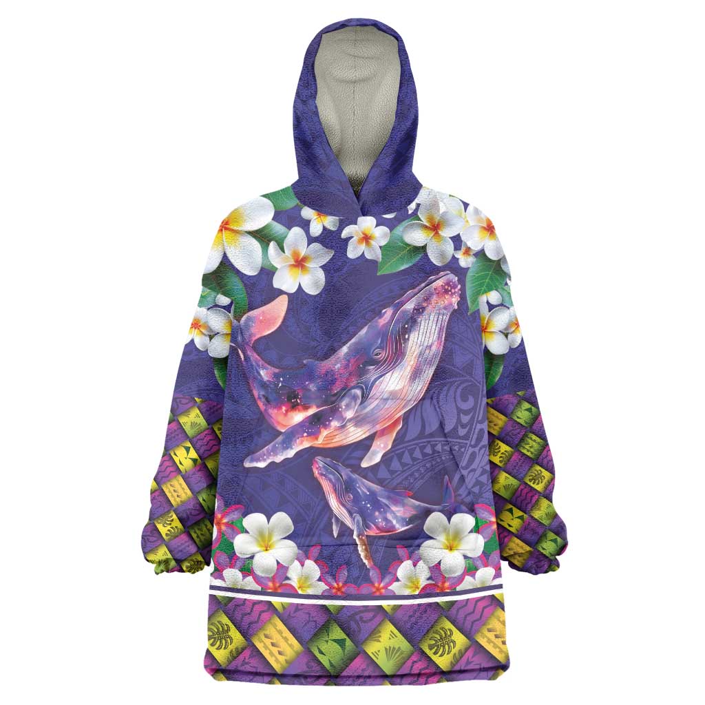 Hawaiian Plumeria and Humpback Whales Wearable Blanket Hoodie Polynerian Art Tattoo-Navy Color
