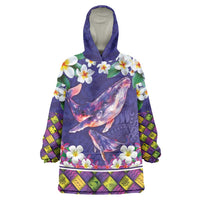 Hawaiian Plumeria and Humpback Whales Wearable Blanket Hoodie Polynerian Art Tattoo-Navy Color