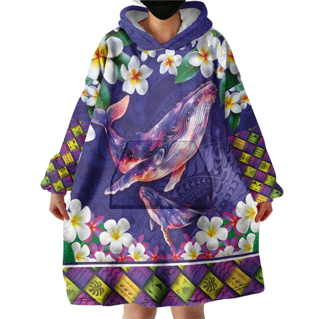 Hawaiian Plumeria and Humpback Whales Wearable Blanket Hoodie Polynerian Art Tattoo-Navy Color