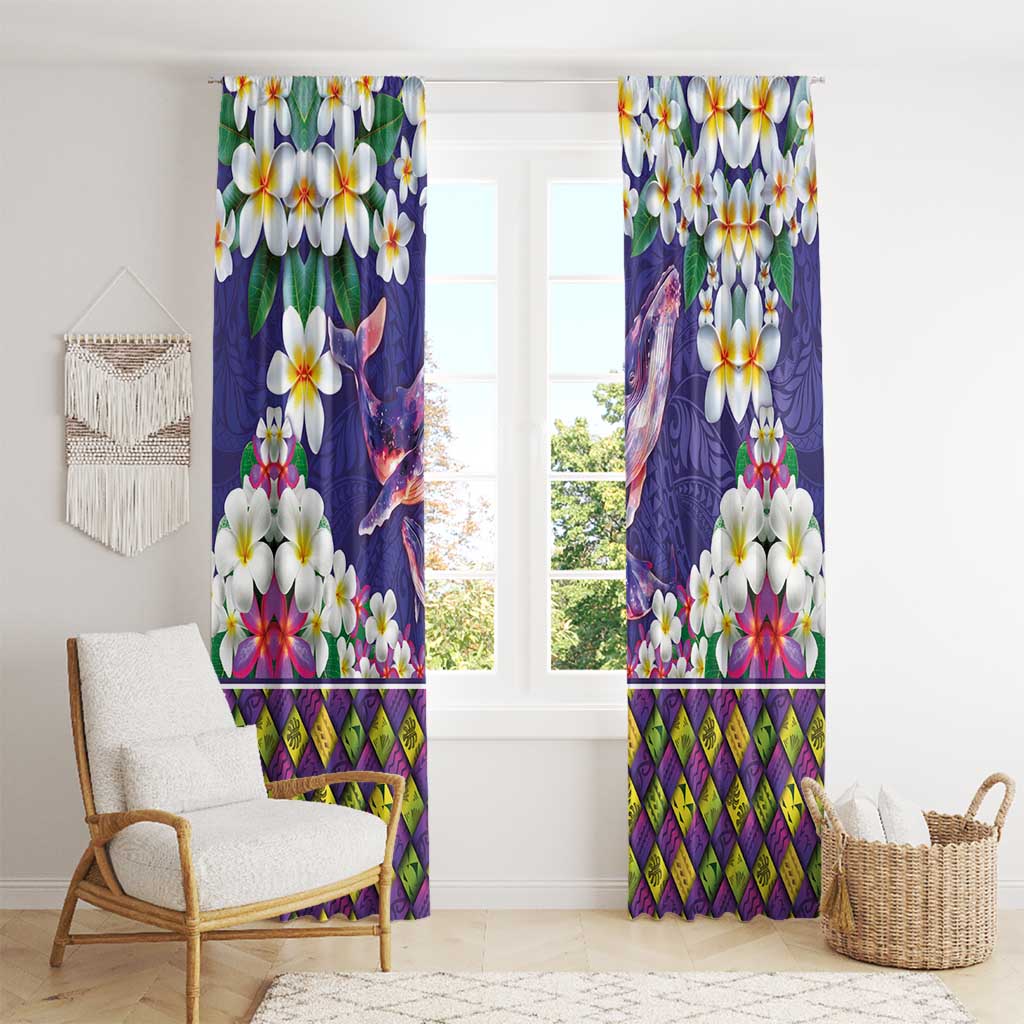 Hawaiian Plumeria and Humpback Whales Window Curtain Polynerian Art Tattoo-Navy Color