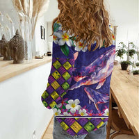 Hawaiian Plumeria and Humpback Whales Women Casual Shirt Polynerian Art Tattoo-Navy Color