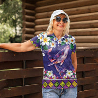 Hawaiian Plumeria and Humpback Whales Women Polo Shirt Polynerian Art Tattoo-Navy Color