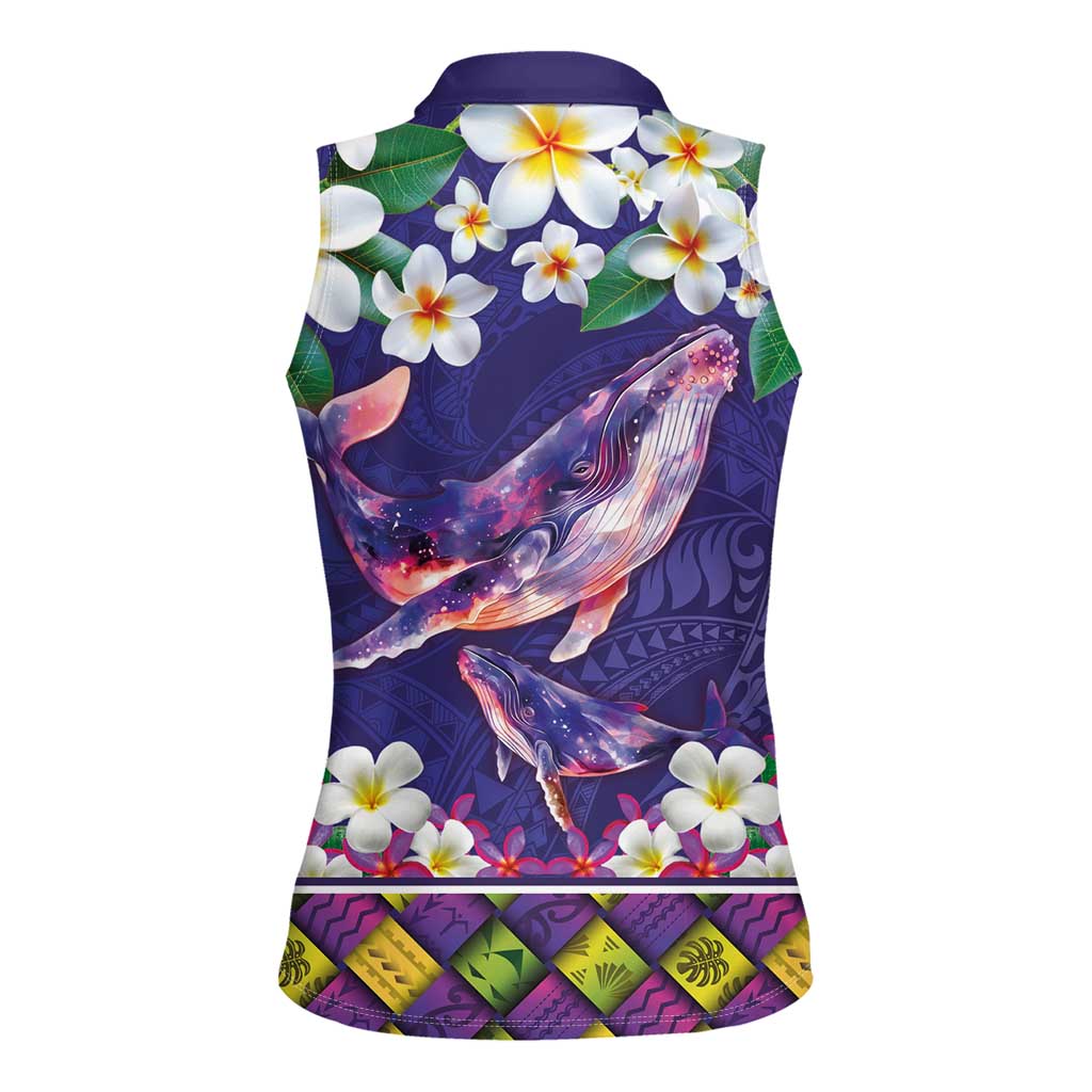 Hawaiian Plumeria and Humpback Whales Women Sleeveless Polo Shirt Polynerian Art Tattoo-Navy Color