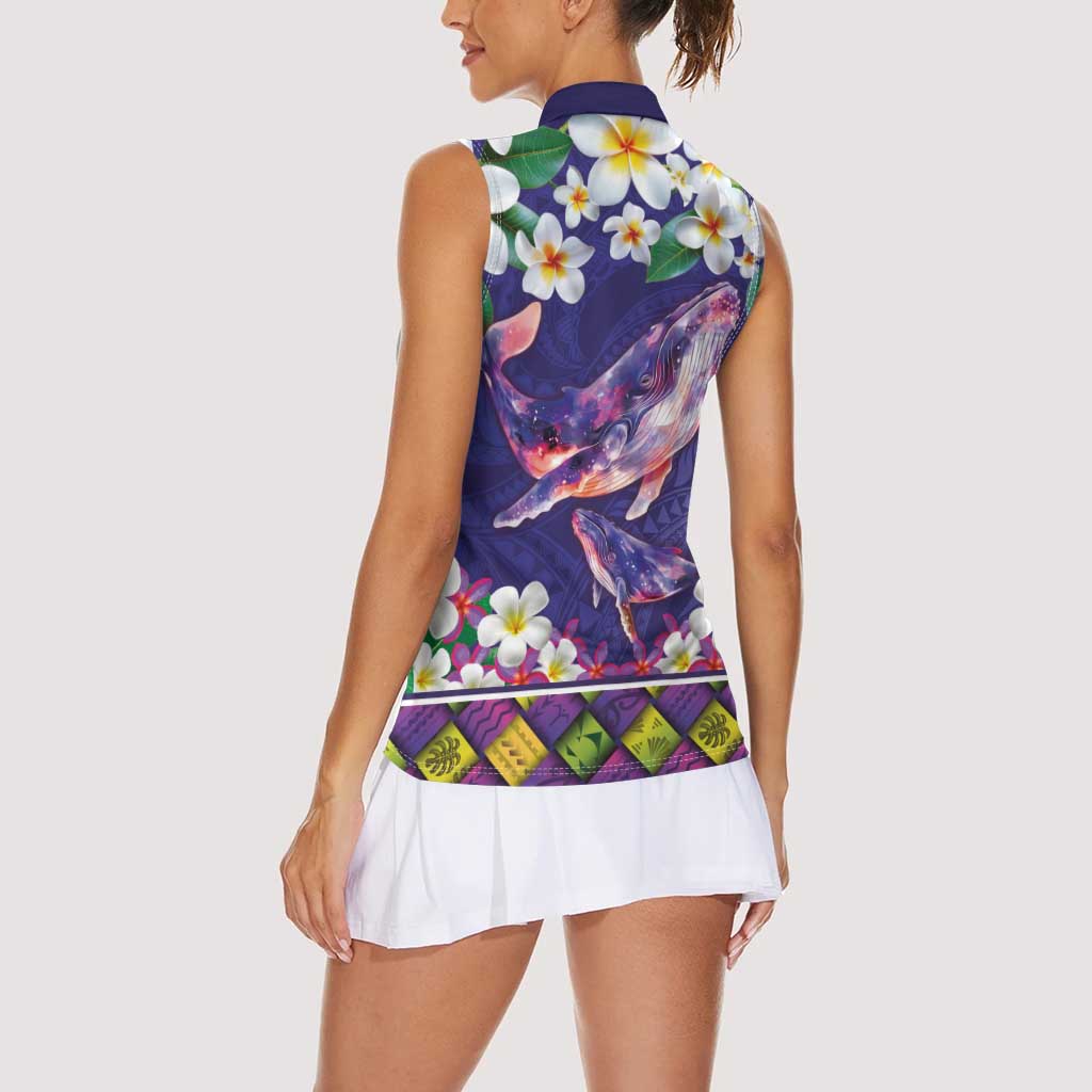 Hawaiian Plumeria and Humpback Whales Women Sleeveless Polo Shirt Polynerian Art Tattoo-Navy Color
