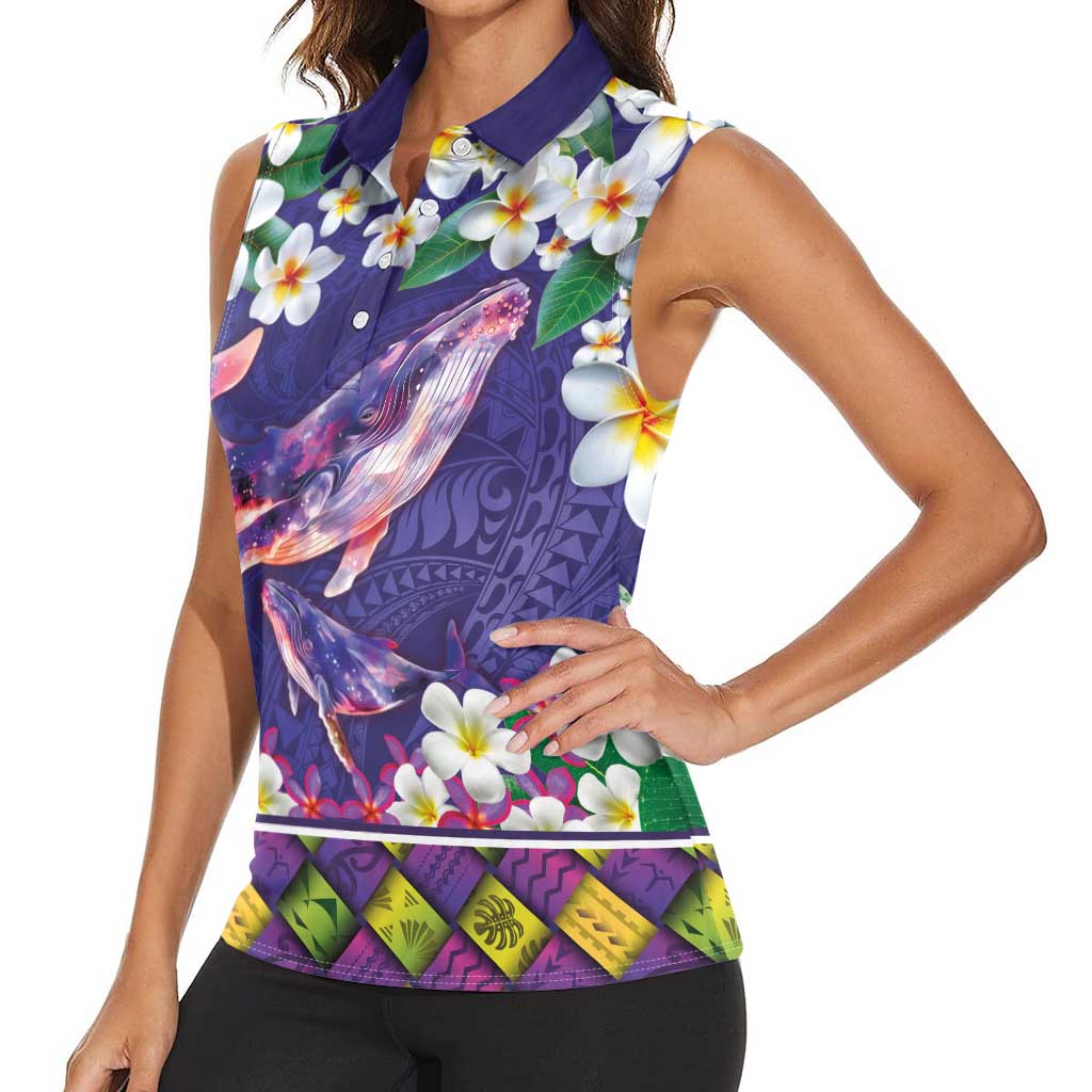 Hawaiian Plumeria and Humpback Whales Women Sleeveless Polo Shirt Polynerian Art Tattoo-Navy Color