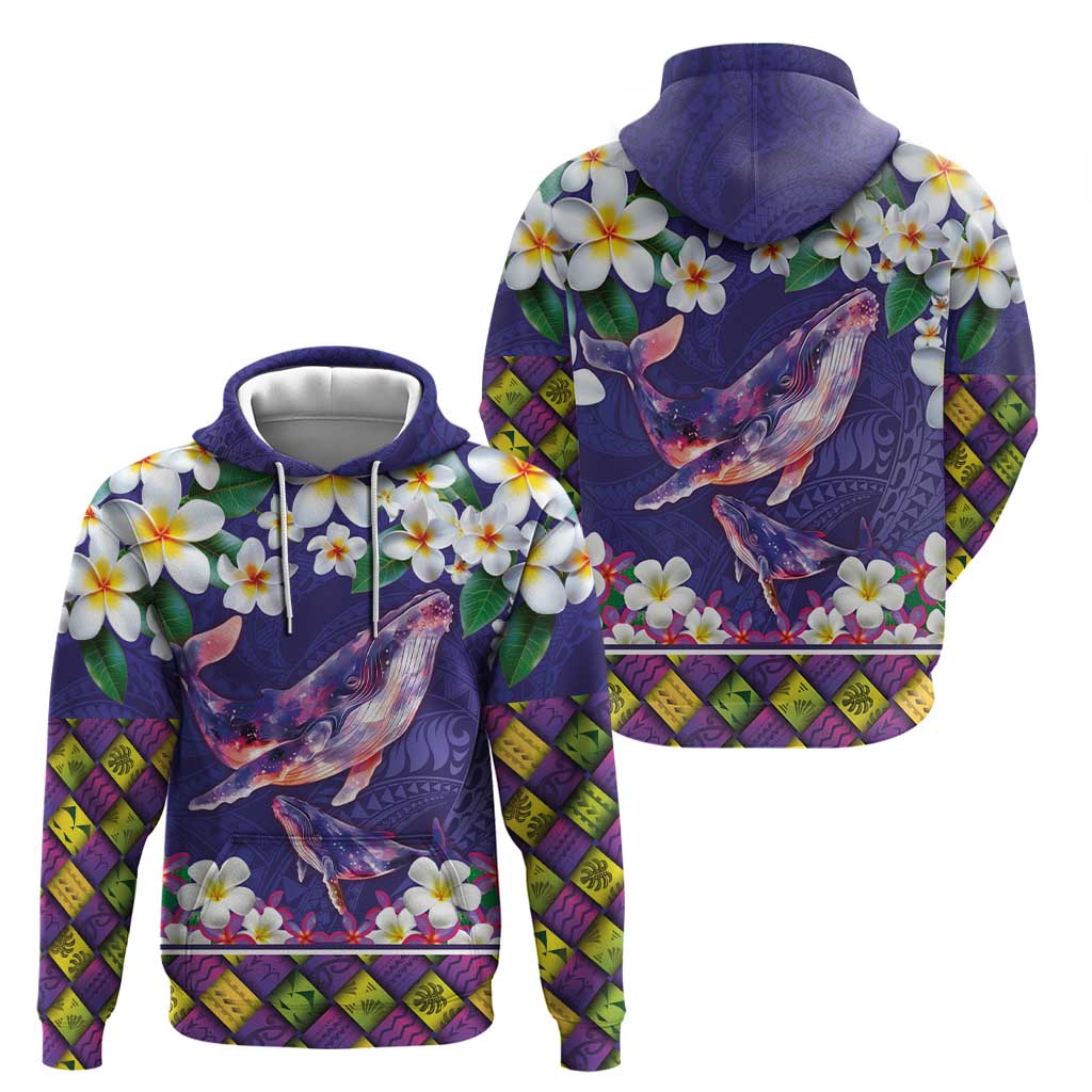 Hawaiian Plumeria and Humpback Whales Zip Hoodie Polynerian Art Tattoo-Navy Color