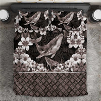 Hawaiian Plumeria and Humpback Whales Bedding Set Polynerian Art Tattoo-Grayscale Mode