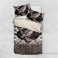 Hawaiian Plumeria and Humpback Whales Bedding Set Polynerian Art Tattoo-Grayscale Mode