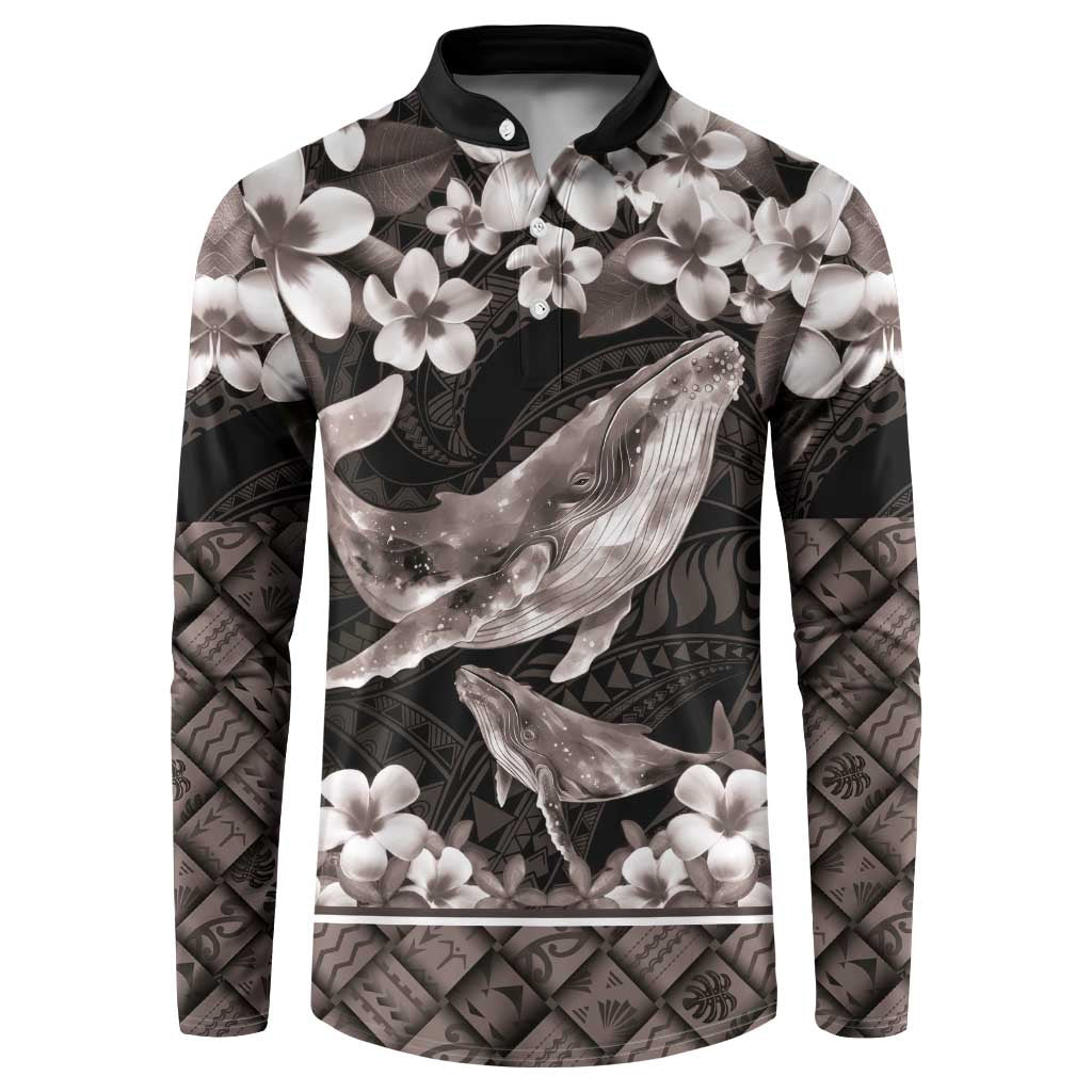 Hawaiian Plumeria and Humpback Whales Button Sweatshirt Polynerian Art Tattoo-Grayscale Mode