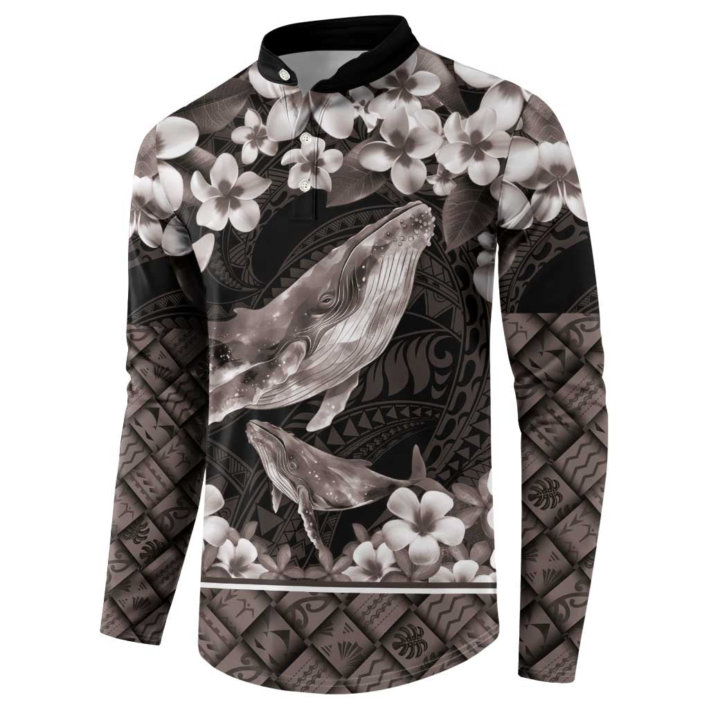 Hawaiian Plumeria and Humpback Whales Button Sweatshirt Polynerian Art Tattoo-Grayscale Mode