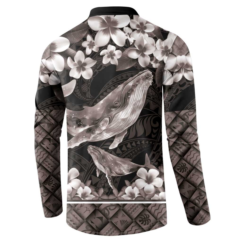Hawaiian Plumeria and Humpback Whales Button Sweatshirt Polynerian Art Tattoo-Grayscale Mode