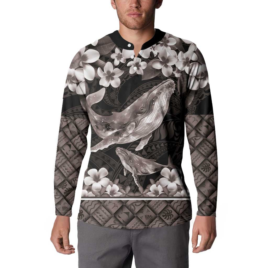 Hawaiian Plumeria and Humpback Whales Button Sweatshirt Polynerian Art Tattoo-Grayscale Mode