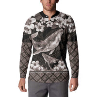 Hawaiian Plumeria and Humpback Whales Button Sweatshirt Polynerian Art Tattoo-Grayscale Mode