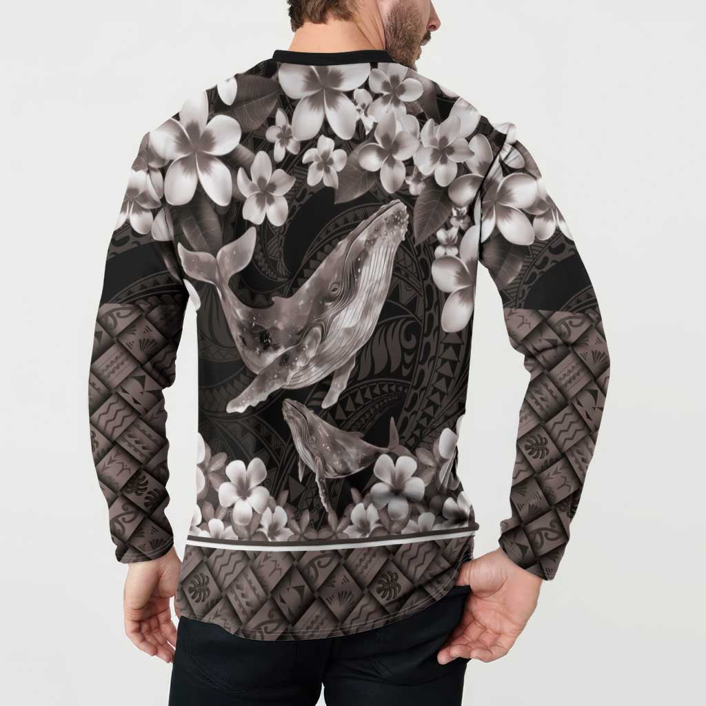 Hawaiian Plumeria and Humpback Whales Button Sweatshirt Polynerian Art Tattoo-Grayscale Mode