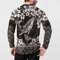 Hawaiian Plumeria and Humpback Whales Button Sweatshirt Polynerian Art Tattoo-Grayscale Mode