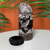 Hawaiian Plumeria and Humpback Whales 4 in 1 Can Cooler Tumbler Polynerian Art Tattoo-Grayscale Mode