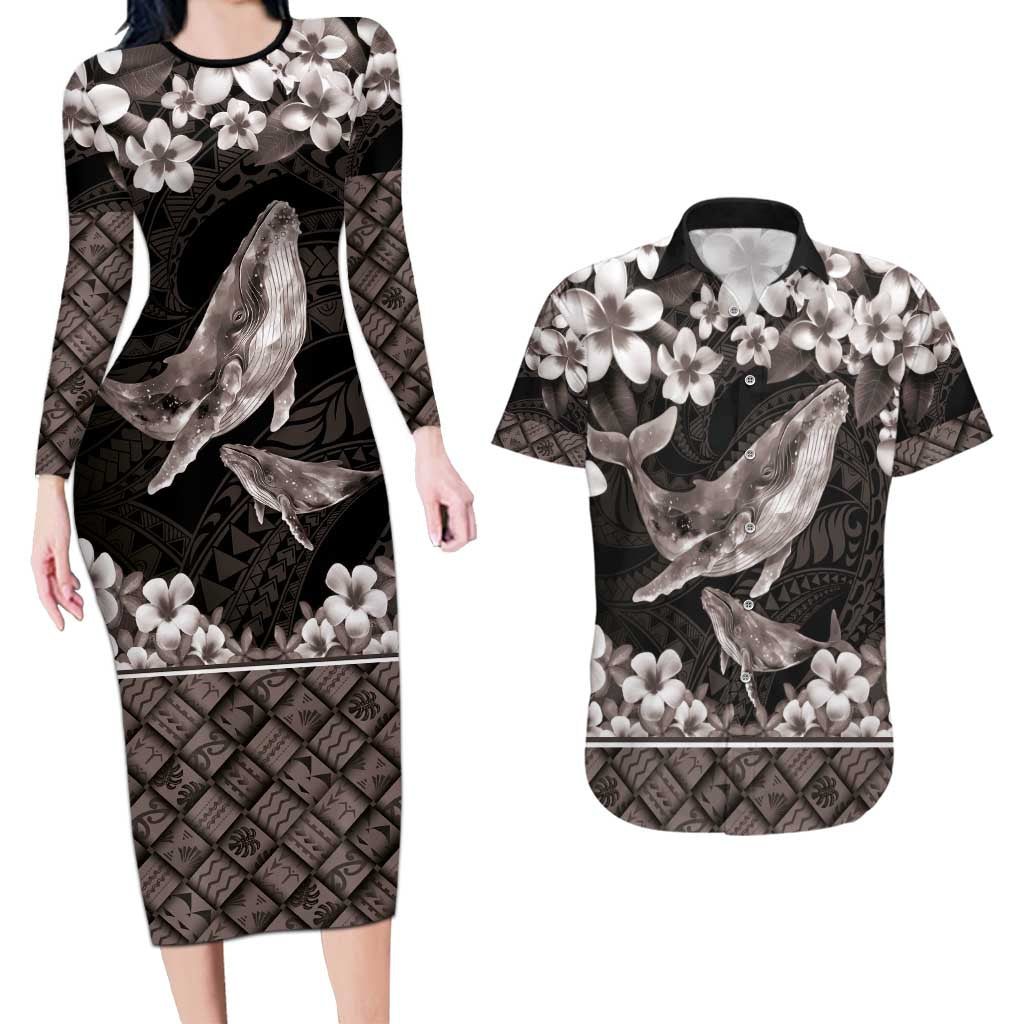 Hawaiian Plumeria and Humpback Whales Couples Matching Long Sleeve Bodycon Dress and Hawaiian Shirt Polynerian Art Tattoo-Grayscale Mode LT03 Black - Polynesian Pride