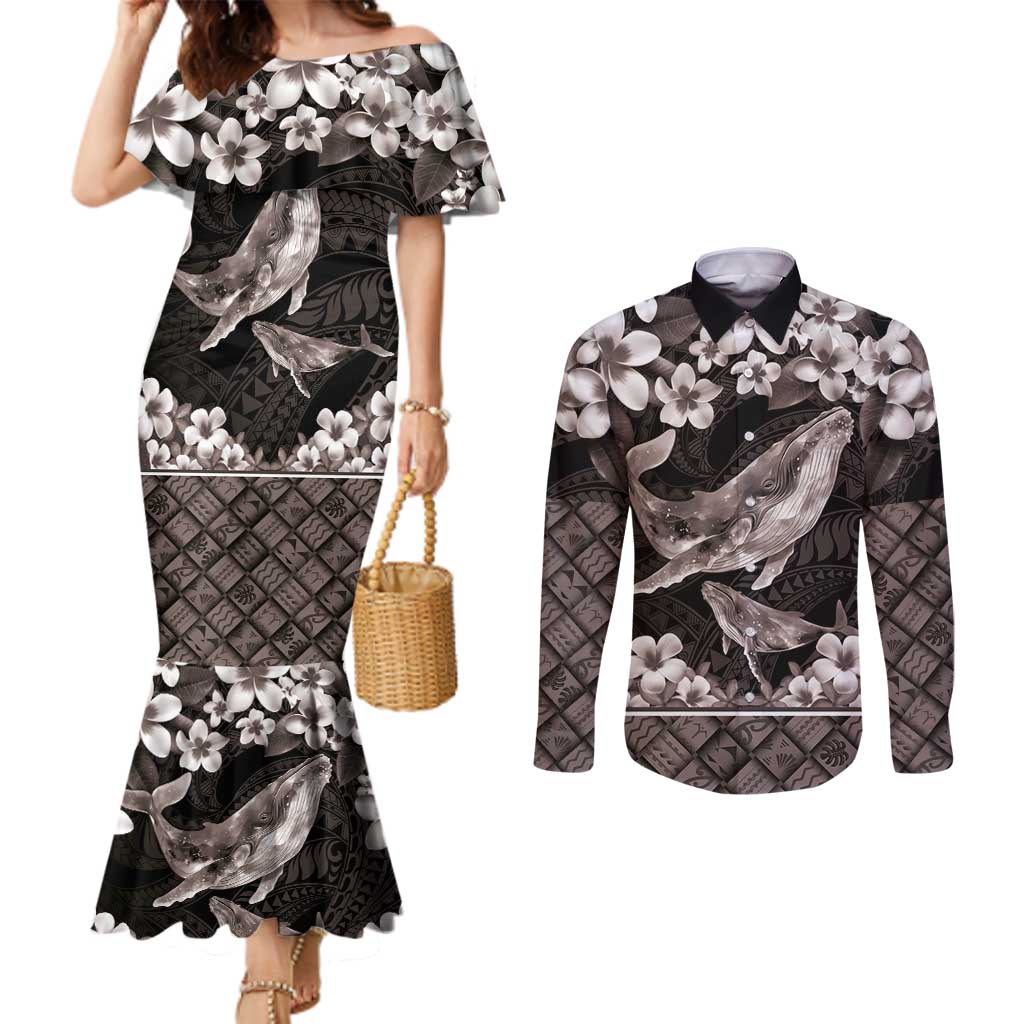 Hawaiian Plumeria and Humpback Whales Couples Matching Mermaid Dress and Long Sleeve Button Shirt Polynerian Art Tattoo-Grayscale Mode LT03 Black - Polynesian Pride