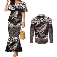 Hawaiian Plumeria and Humpback Whales Couples Matching Mermaid Dress and Long Sleeve Button Shirt Polynerian Art Tattoo-Grayscale Mode