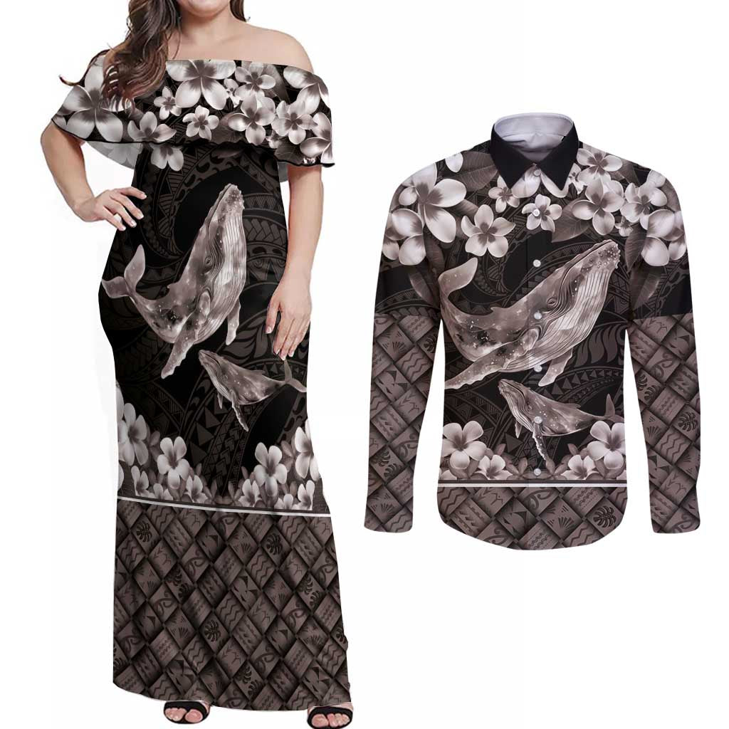 Hawaiian Plumeria and Humpback Whales Couples Matching Off Shoulder Maxi Dress and Long Sleeve Button Shirt Polynerian Art Tattoo-Grayscale Mode LT03 Black - Polynesian Pride