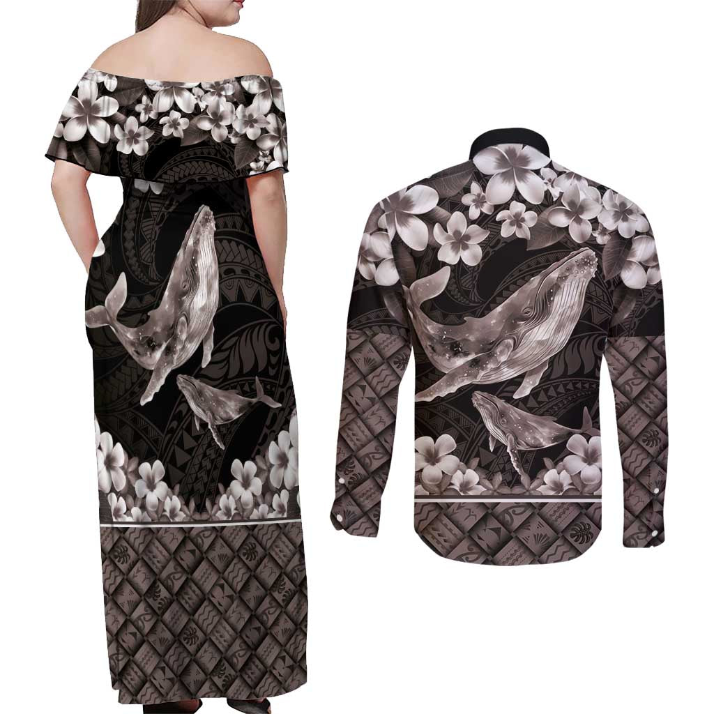 Hawaiian Plumeria and Humpback Whales Couples Matching Off Shoulder Maxi Dress and Long Sleeve Button Shirt Polynerian Art Tattoo-Grayscale Mode