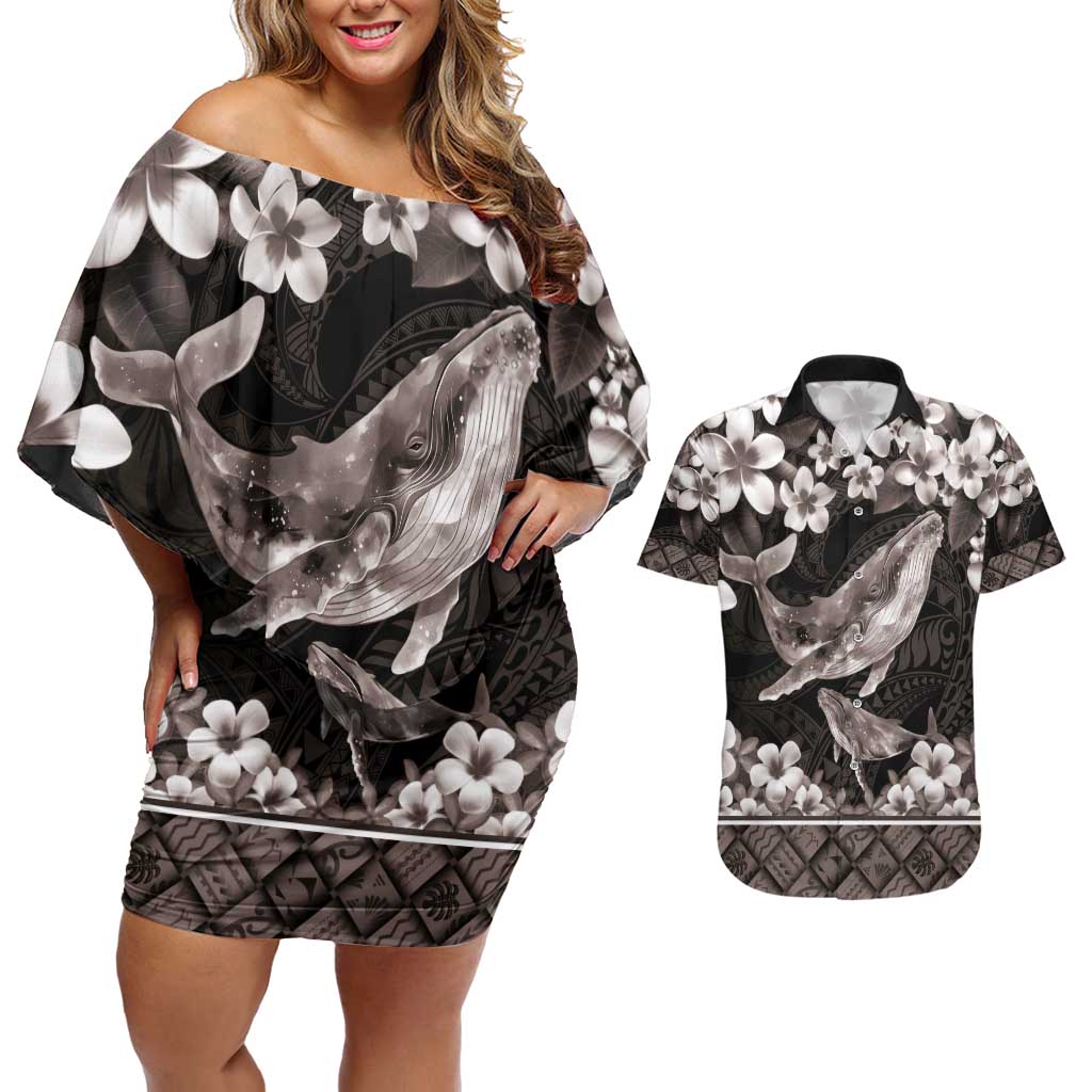 Hawaiian Plumeria and Humpback Whales Couples Matching Off Shoulder Short Dress and Hawaiian Shirt Polynerian Art Tattoo-Grayscale Mode LT03 Black - Polynesian Pride