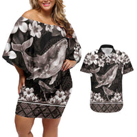 Hawaiian Plumeria and Humpback Whales Couples Matching Off Shoulder Short Dress and Hawaiian Shirt Polynerian Art Tattoo-Grayscale Mode