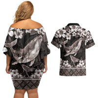 Hawaiian Plumeria and Humpback Whales Couples Matching Off Shoulder Short Dress and Hawaiian Shirt Polynerian Art Tattoo-Grayscale Mode