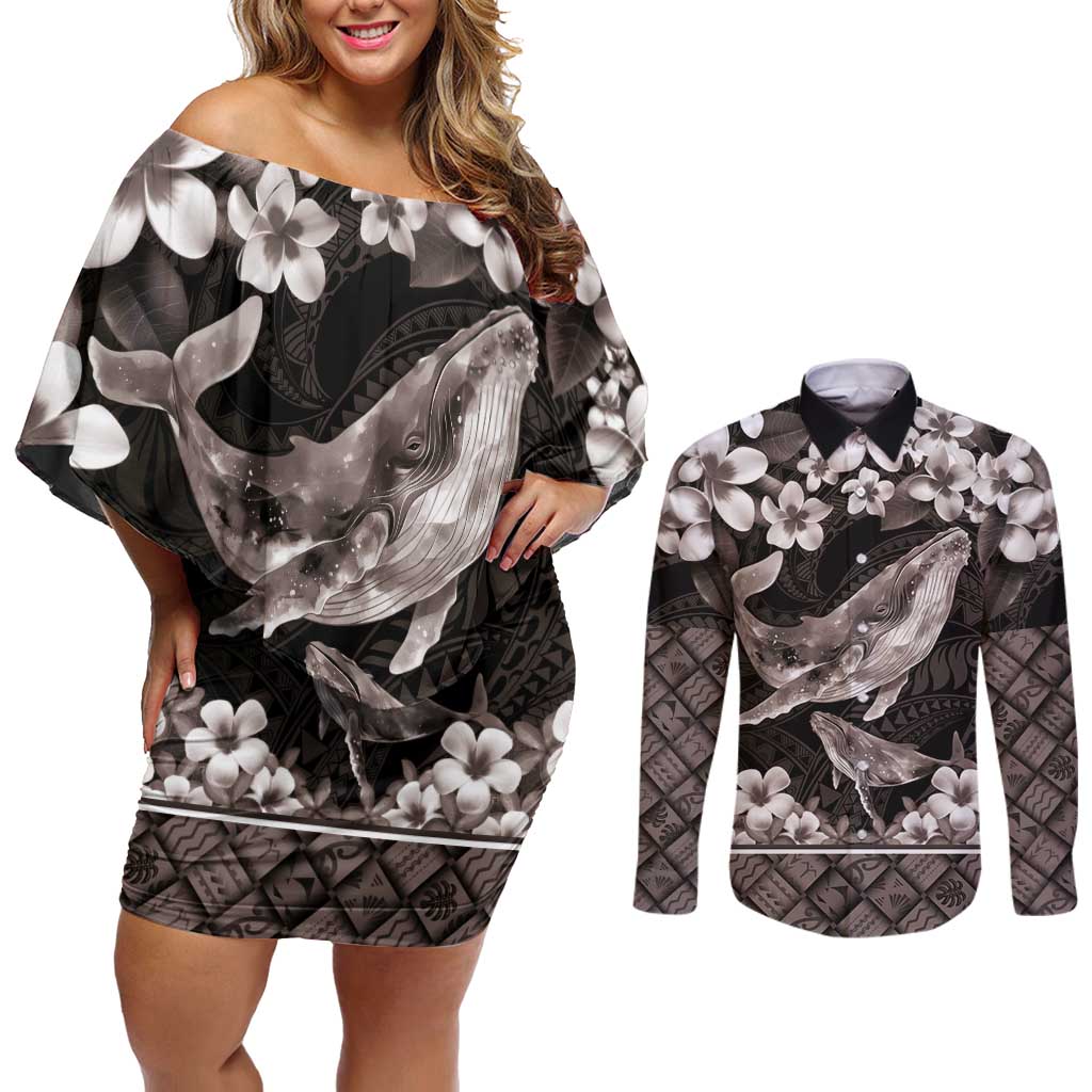 Hawaiian Plumeria and Humpback Whales Couples Matching Off Shoulder Short Dress and Long Sleeve Button Shirt Polynerian Art Tattoo-Grayscale Mode LT03 Black - Polynesian Pride