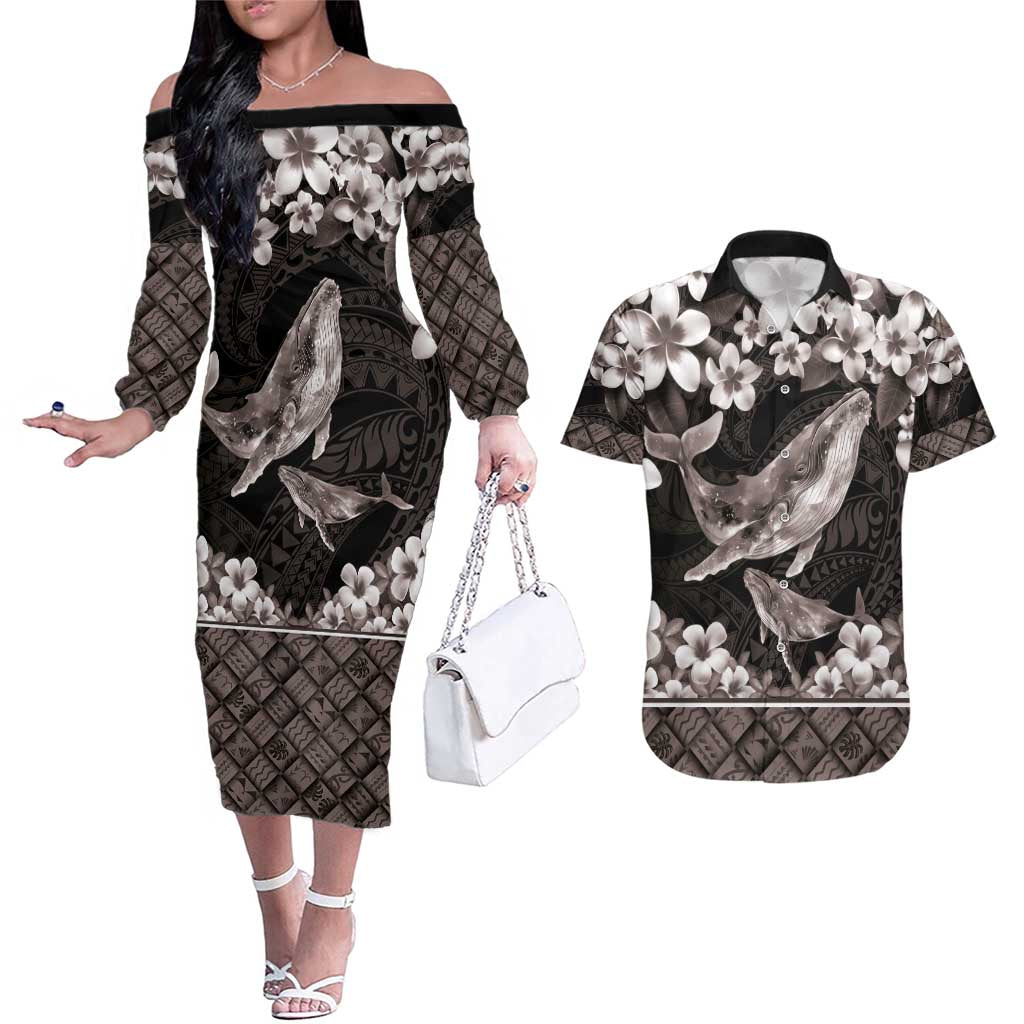 Hawaiian Plumeria and Humpback Whales Couples Matching Off The Shoulder Long Sleeve Dress and Hawaiian Shirt Polynerian Art Tattoo-Grayscale Mode
