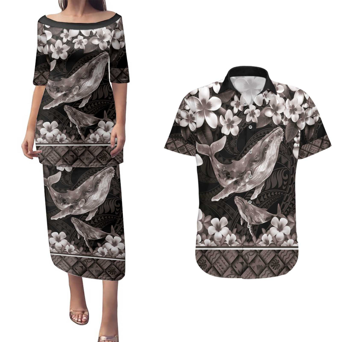 Hawaiian Plumeria and Humpback Whales Couples Matching Puletasi and Hawaiian Shirt Polynerian Art Tattoo-Grayscale Mode