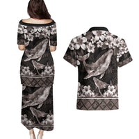 Hawaiian Plumeria and Humpback Whales Couples Matching Puletasi and Hawaiian Shirt Polynerian Art Tattoo-Grayscale Mode