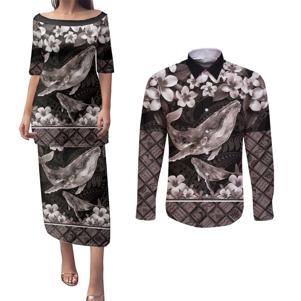 Hawaiian Plumeria and Humpback Whales Couples Matching Puletasi and Long Sleeve Button Shirt Polynerian Art Tattoo-Grayscale Mode