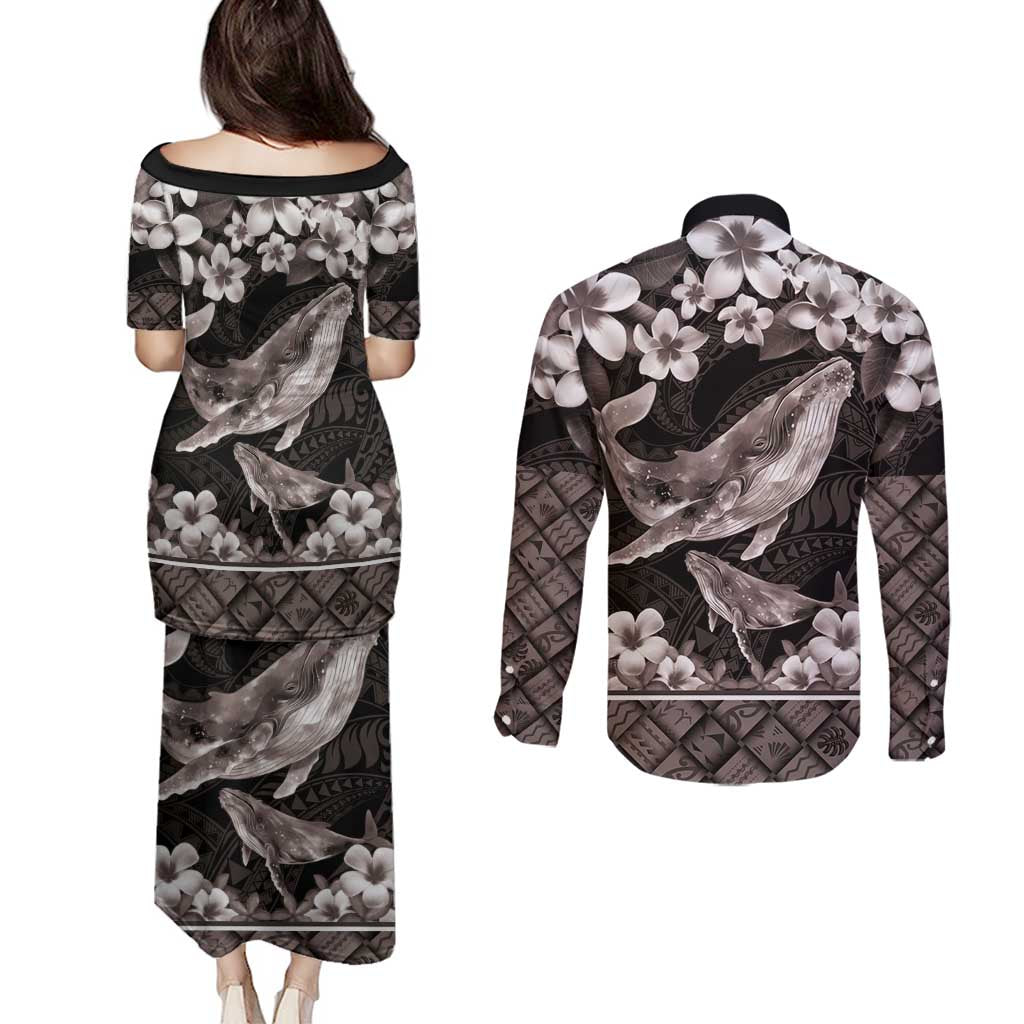 Hawaiian Plumeria and Humpback Whales Couples Matching Puletasi and Long Sleeve Button Shirt Polynerian Art Tattoo-Grayscale Mode