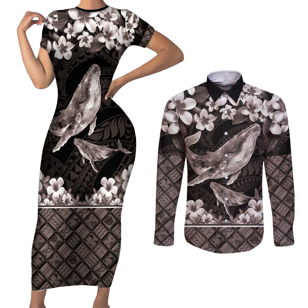 Hawaiian Plumeria and Humpback Whales Couples Matching Short Sleeve Bodycon Dress and Long Sleeve Button Shirt Polynerian Art Tattoo-Grayscale Mode LT03 Black - Polynesian Pride