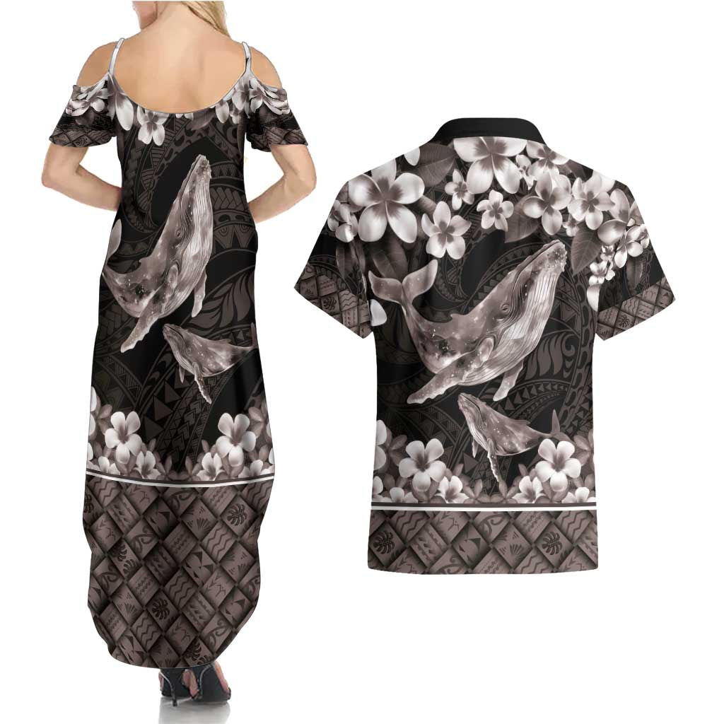 Hawaiian Plumeria and Humpback Whales Couples Matching Summer Maxi Dress and Hawaiian Shirt Polynerian Art Tattoo-Grayscale Mode