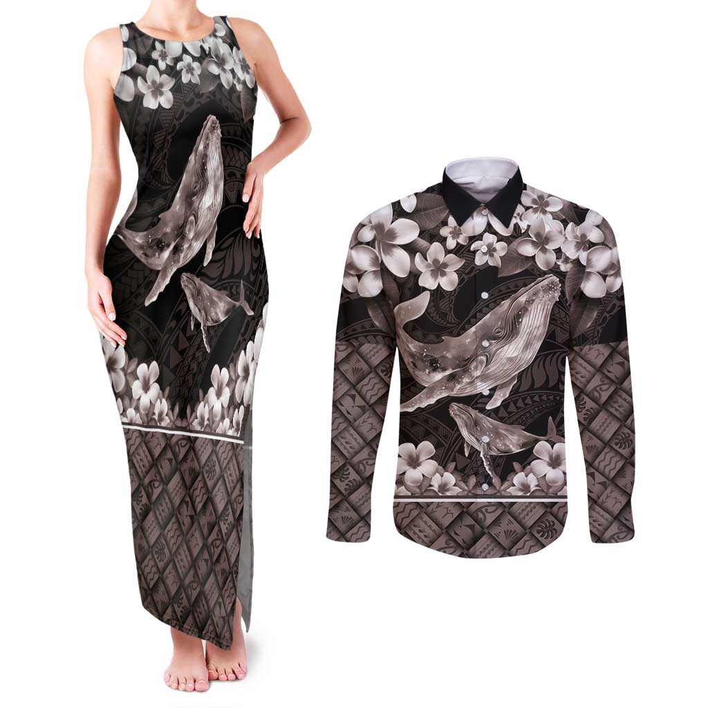 Hawaiian Plumeria and Humpback Whales Couples Matching Tank Maxi Dress and Long Sleeve Button Shirt Polynerian Art Tattoo-Grayscale Mode LT03 Black - Polynesian Pride