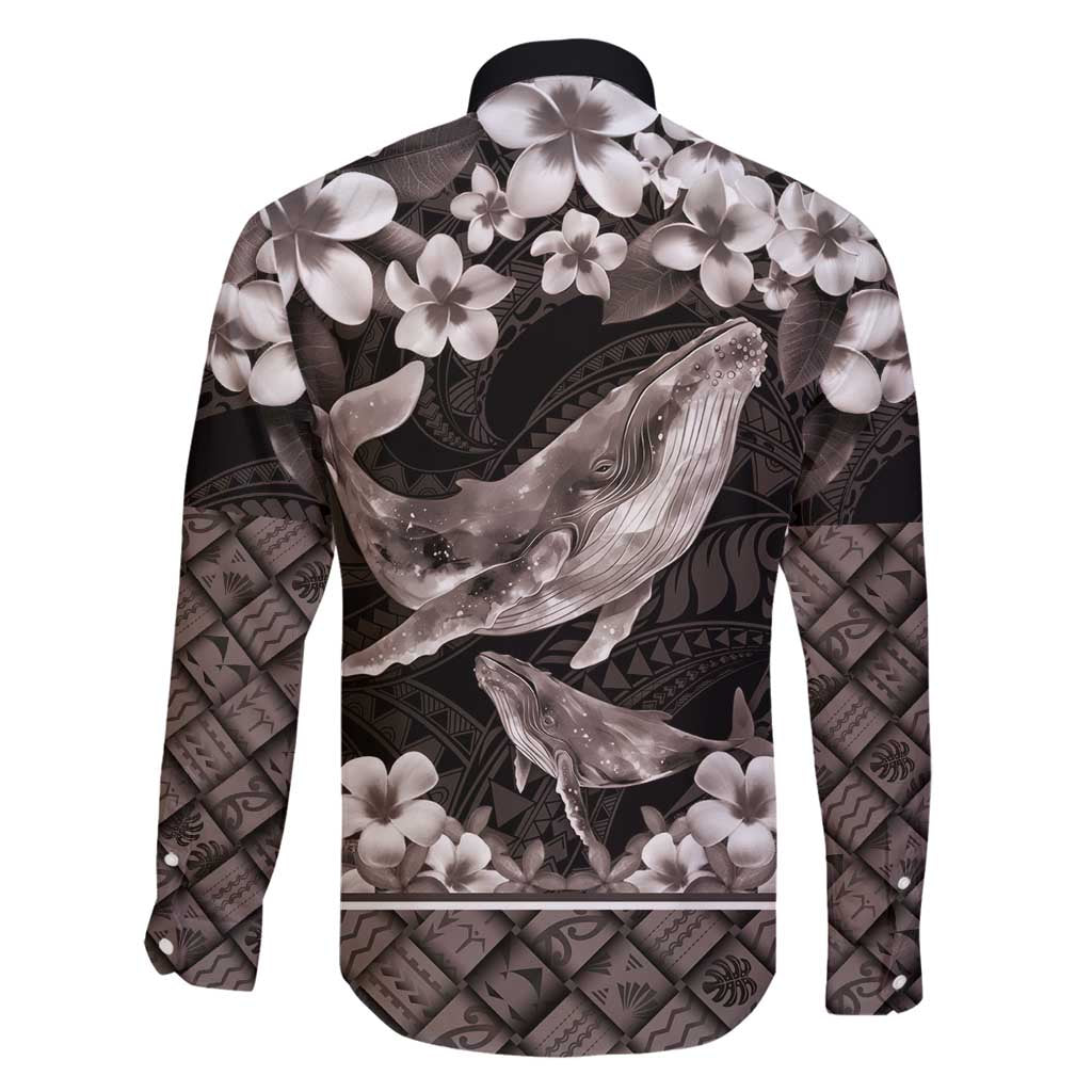 Hawaiian Plumeria and Humpback Whales Family Matching Long Sleeve Bodycon Dress and Hawaiian Shirt Polynerian Art Tattoo-Grayscale Mode LT03 - Polynesian Pride
