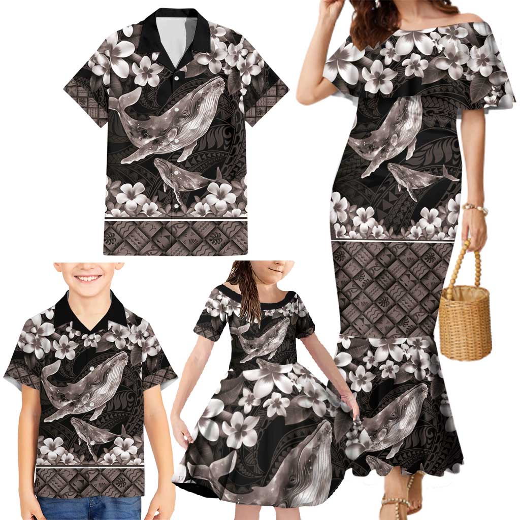 Hawaiian Plumeria and Humpback Whales Family Matching Mermaid Dress and Hawaiian Shirt Polynerian Art Tattoo-Grayscale Mode