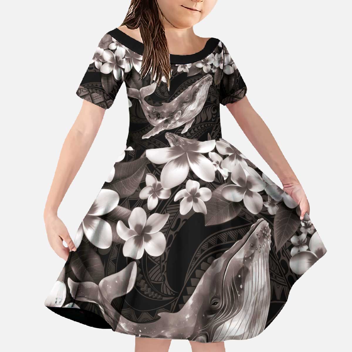 Hawaiian Plumeria and Humpback Whales Family Matching Off The Shoulder Long Sleeve Dress and Hawaiian Shirt Polynerian Art Tattoo-Grayscale Mode